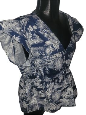 Chaps Women's Navy And White Tropical Print V-Neck Ruffled Cap Sleeve Top XL